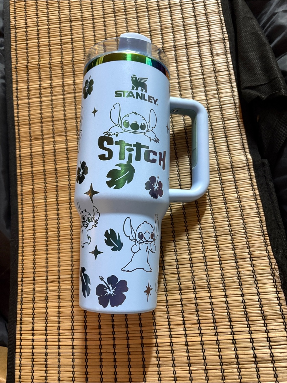 Stanley White Travel Mug with Holographic Green Accents and Stitch Design
